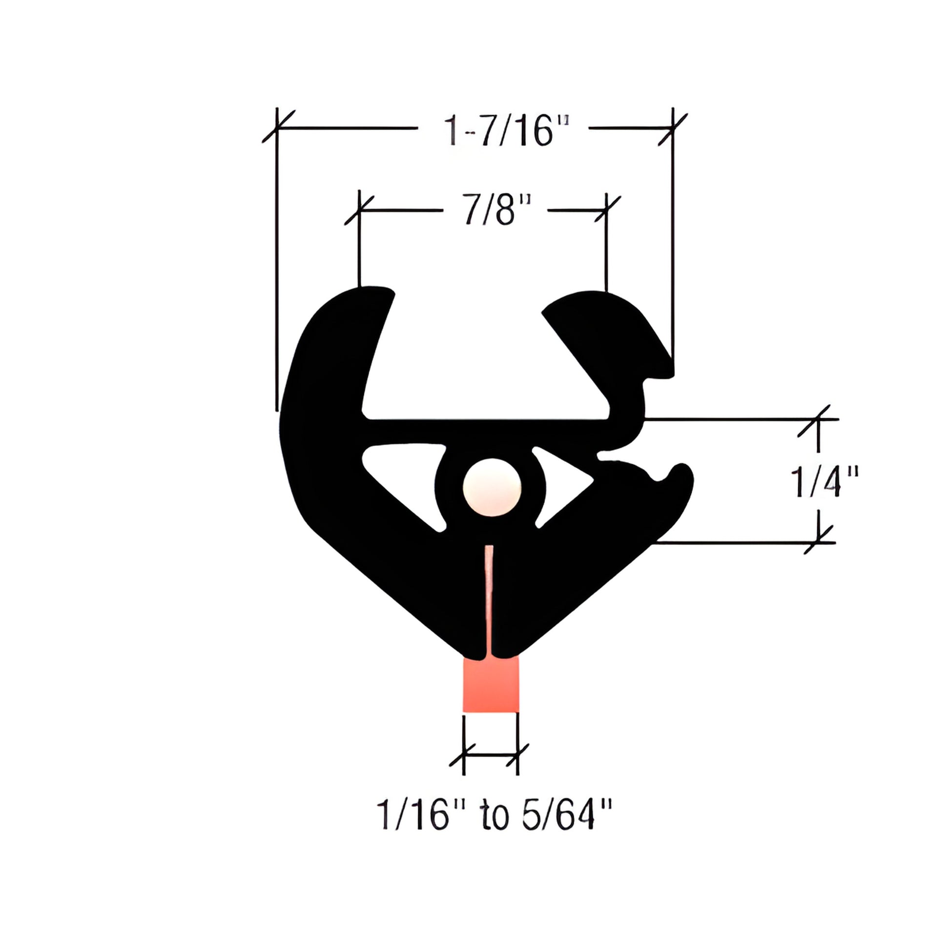 Black EPDM two-piece self-sealing weatherstrip cross-section with dimensional labels: 1 7/16", 7/8", 1/4", 1/16-5/64".