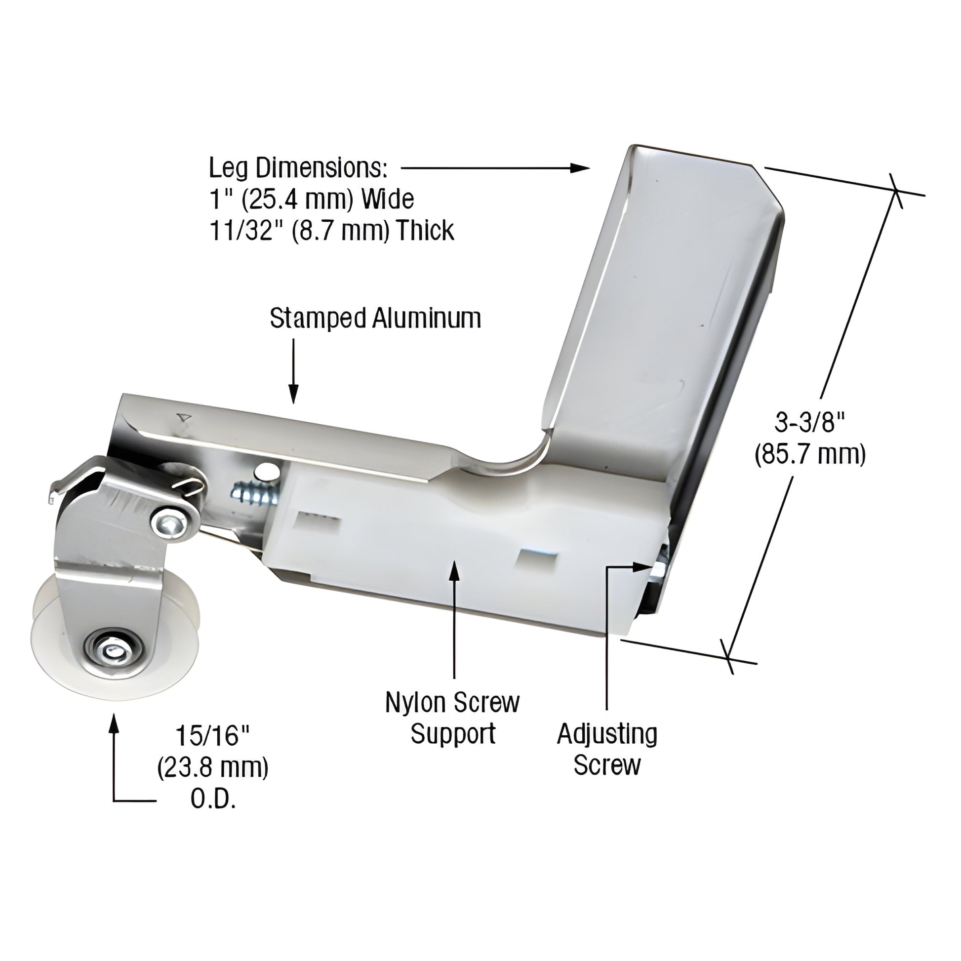 Aluminum corner insert (SKU B773) with nylon 15/16 roller and adjusting screw, 3-3/8 height, for vintage Jim Walters screen
