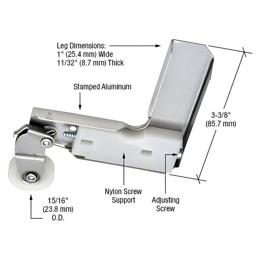 Aluminum corner insert (SKU B773) with nylon 15/16 roller and adjusting screw, 3-3/8 height, for vintage Jim Walters screen
