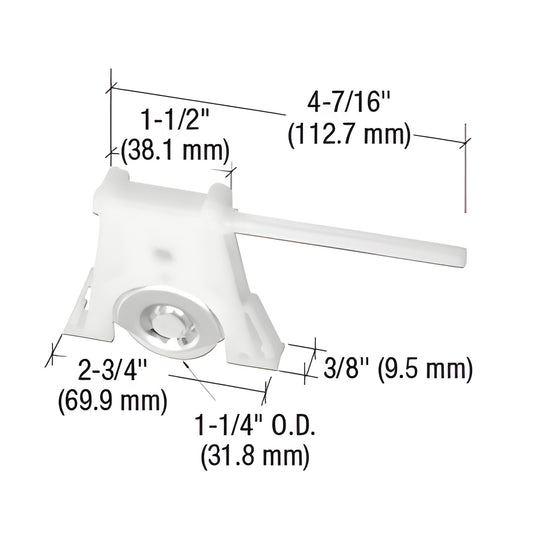 White nylon center-groove sliding screen door roller with metal housing and adjustment screw, SKU B715.