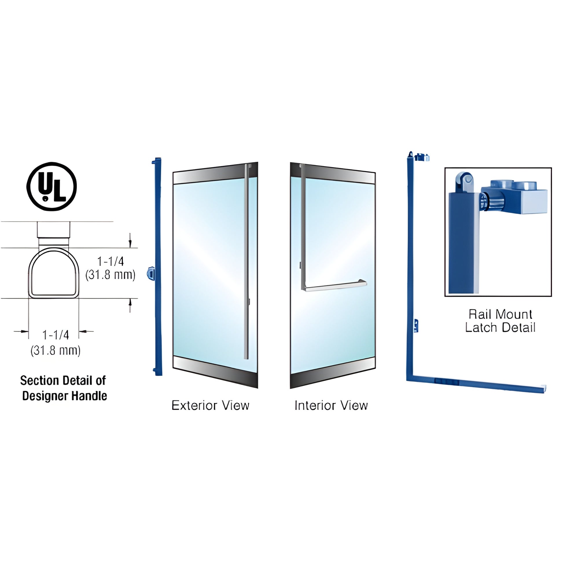 PA100 panic exit handle (SKU DPA100FS4RKPT) tubular 1-1/4" D-shape stainless rail-mount panic bar for glass doors.