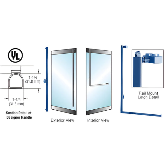 PA100 panic exit handle (SKU DPA100FS4RKPT) tubular 1-1/4" D-shape stainless rail-mount panic bar for glass doors.