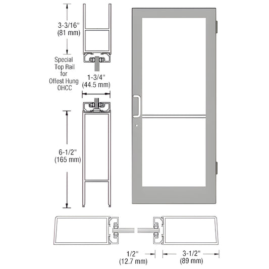 Clear anodized medium-stile commercial glass entrance door with push/pull hardware, 3-1/2" stiles and 6-1/2" bottom rail, dia