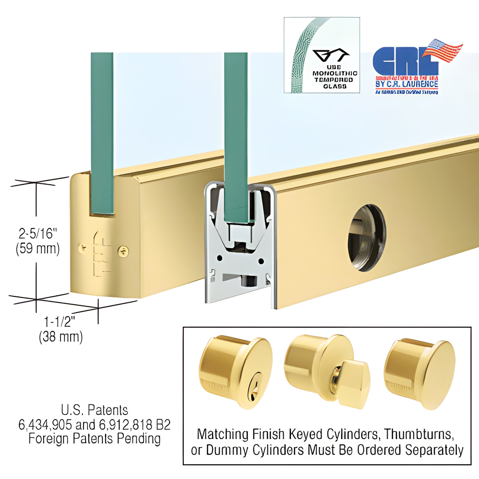 DR2SSB12CL satin brass low-profile glass door rail 2-5/16" x 1-1/2", Wedge-Lock glass securing system, includes lock.