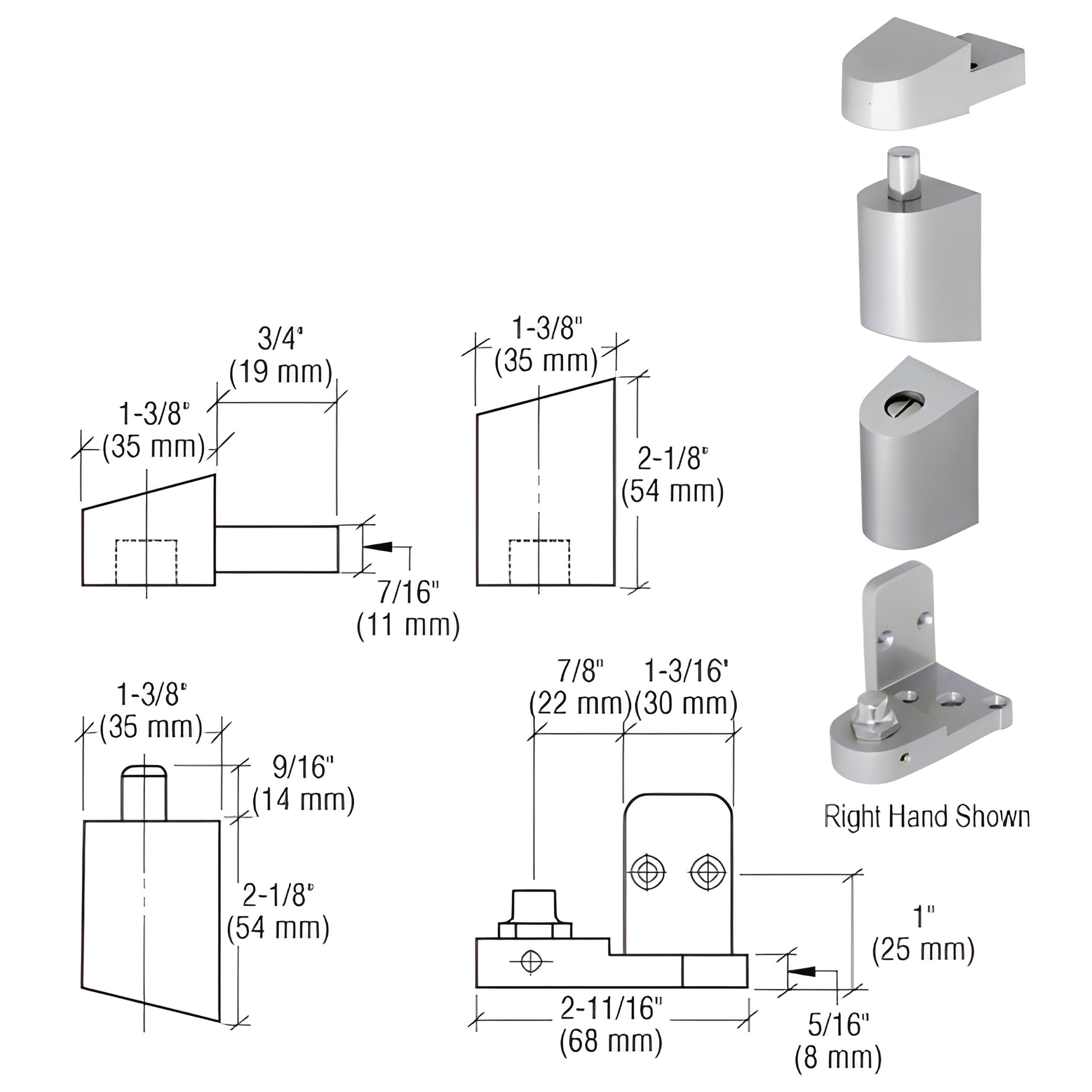 CRL right-hand aluminum offset pivot set for storefront doors, adjustable bottom, satin aluminum finish - SKU 0P40011R