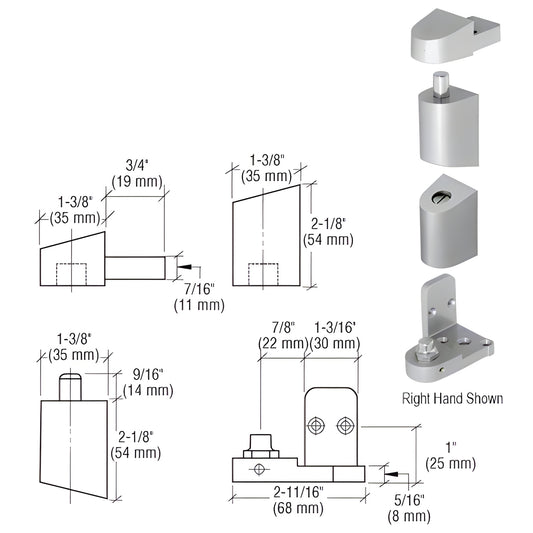 CRL right-hand aluminum offset pivot set for storefront doors, adjustable bottom, satin aluminum finish - SKU 0P40011R