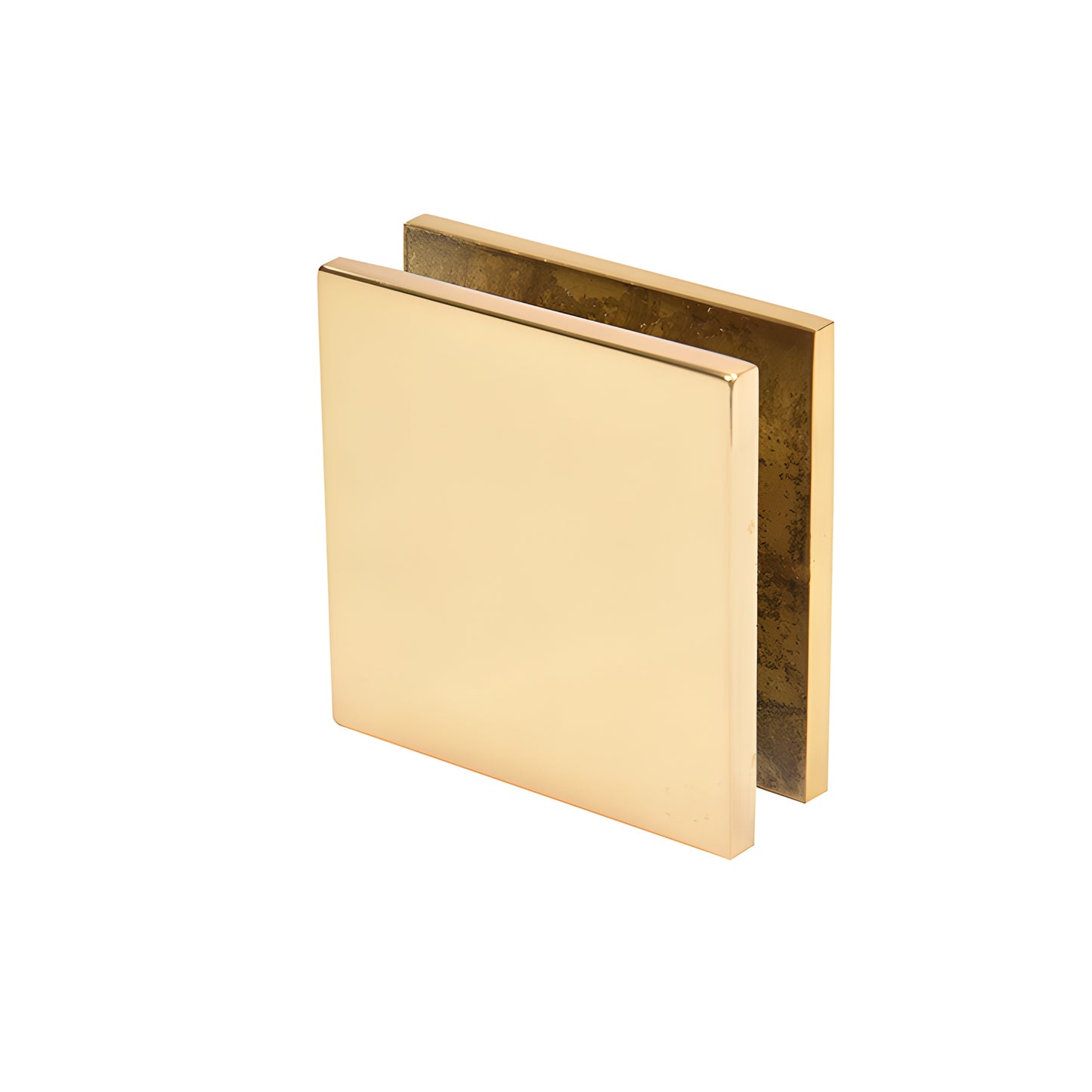 Square solid brass wall-mount glass clamp, unlacquered brass, 2 in wide for 3/8-1/2 in glass, SKU SCU4ULBR