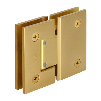 GEN380SB satin-brass adjustable glass-to-glass shower hinge, square profile Geneva series, solid brass, self-centering.