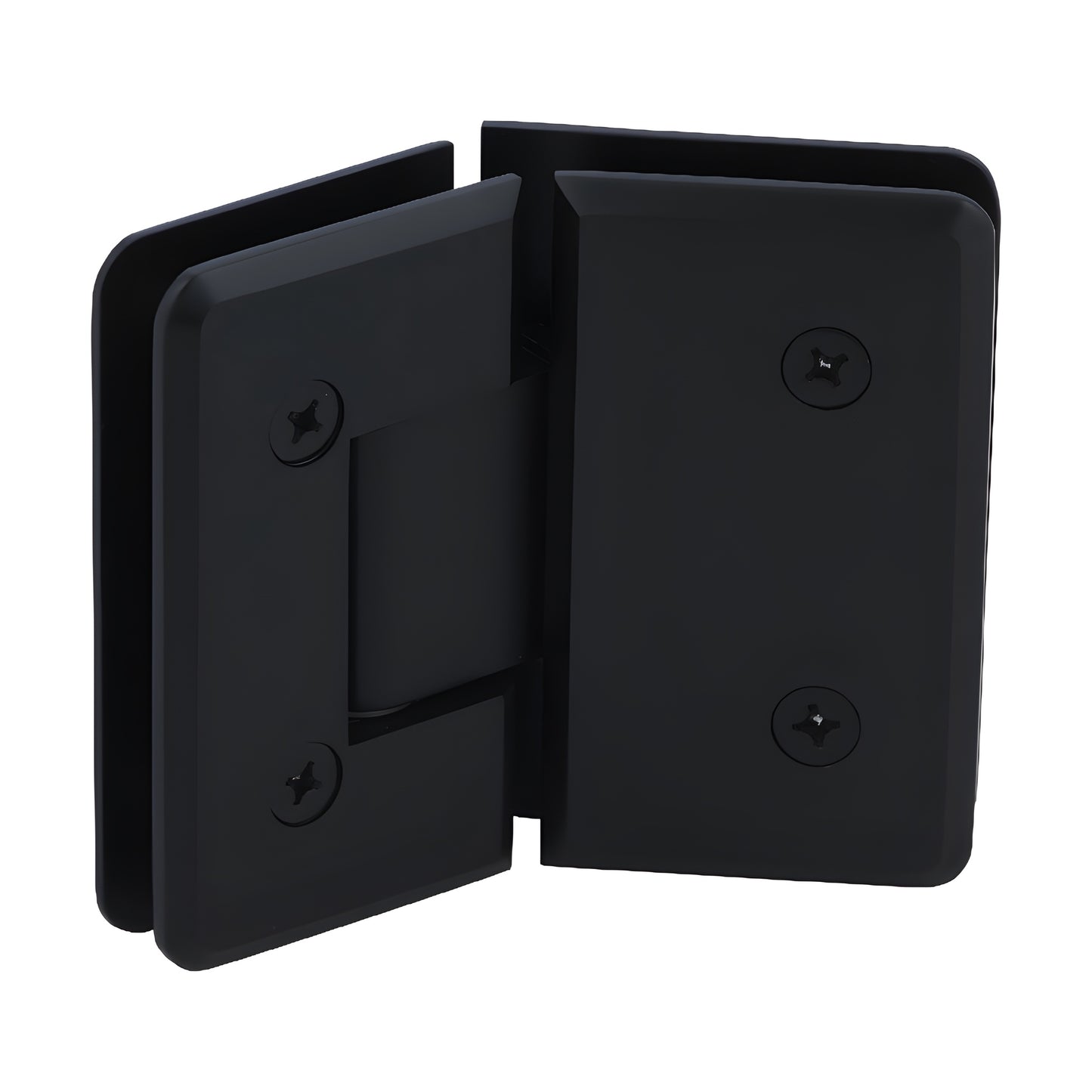Matte black beveled 135 glass-to-glass shower hinge, solid brass (SKU C0L045MBL)