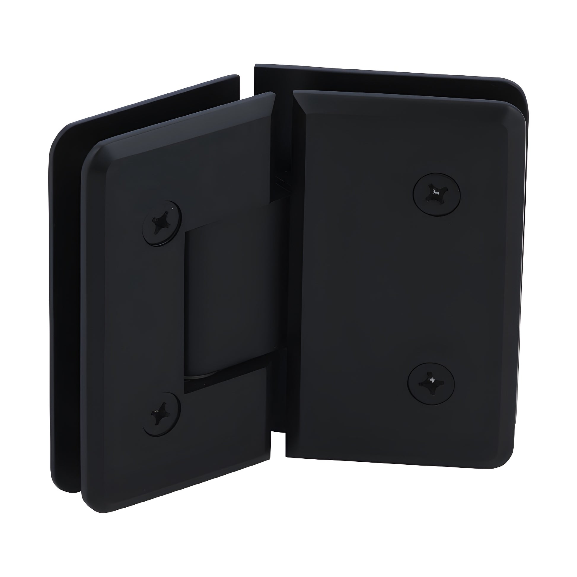 Matte black beveled 135 glass-to-glass shower hinge, solid brass (SKU C0L045MBL)