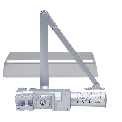 PR90A aluminum-finish surface-mounted cast-iron door closer with parallel arm, adjustable Grade 1