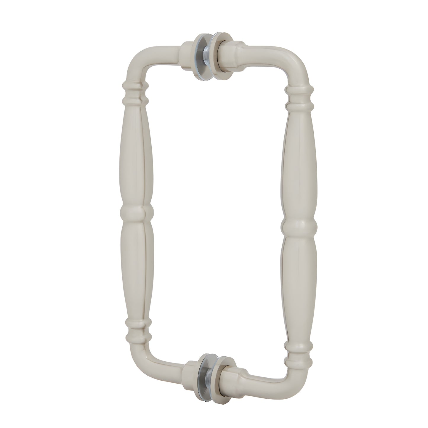 Victorian solid-brass back-to-back glass pull handle, brushed nickel finish, contoured grip fits 1/4-1/2" glass.