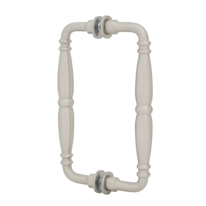 Victorian solid-brass back-to-back glass pull handle, brushed nickel finish, contoured grip fits 1/4-1/2" glass.