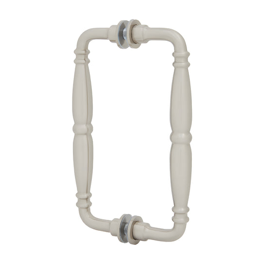 Victorian solid-brass back-to-back glass pull handle, brushed nickel finish, contoured grip fits 1/4-1/2" glass.