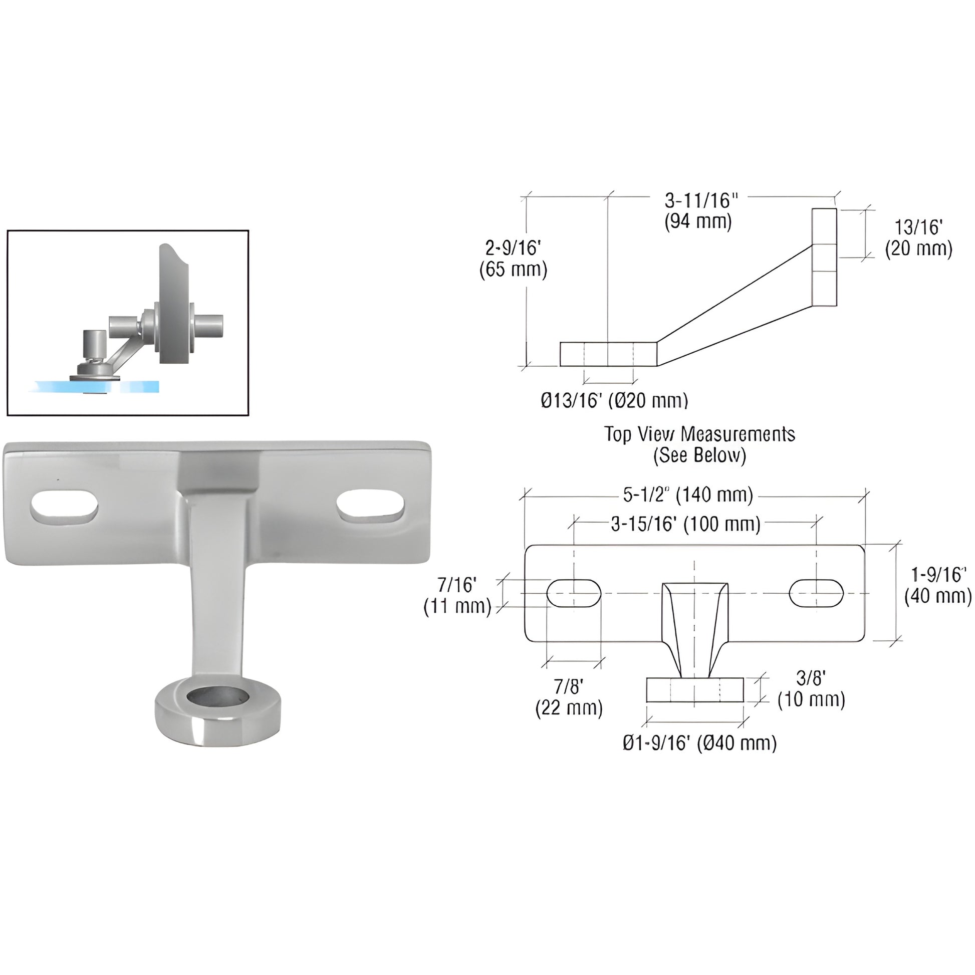CRL FMH1BS stainless steel wall-to-glass fitting with studs and cap nuts, shown with dimension diagram for 27mm glass