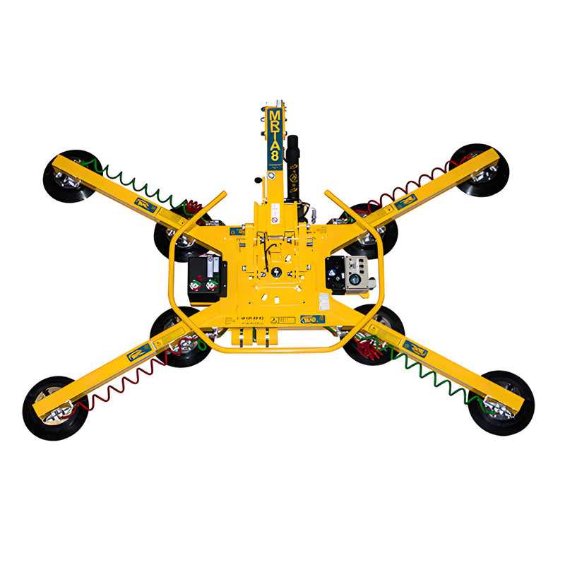 Yellow CRL Powr-Grip quadra-tilt vacuum glass lifter, 8 suction pads, 360 rotation, 1,400 lb capacity (SKU MRTA811LDC3)