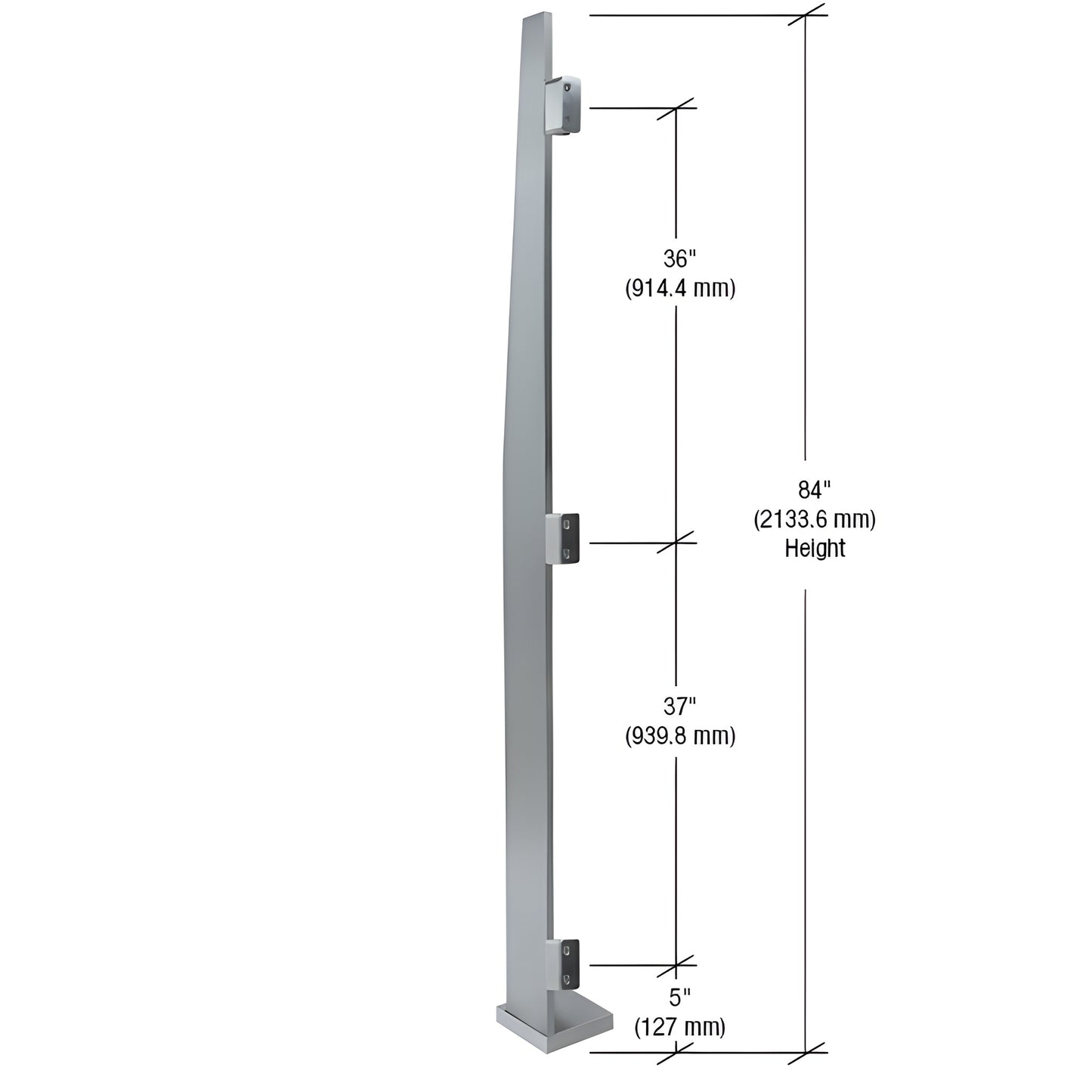 MET84LEBS: 84" brushed stainless steel Metropolis windscreen post with 3/4" face trim and three glass clamps.