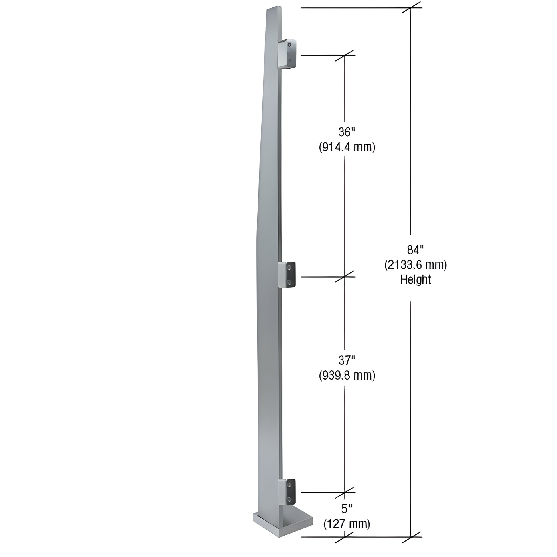 MET84LEBS: 84" brushed stainless steel Metropolis windscreen post with 3/4" face trim and three glass clamps.