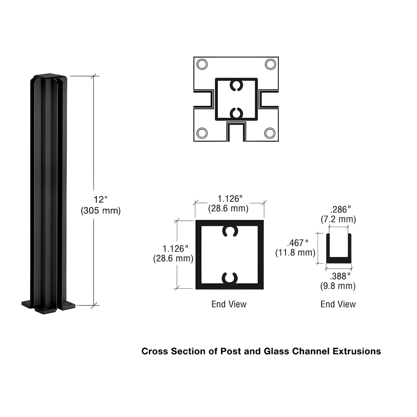 Semi-gloss black 12in aluminum 3-way square partition post with full-length glazing channels (SKU D990BL123W)