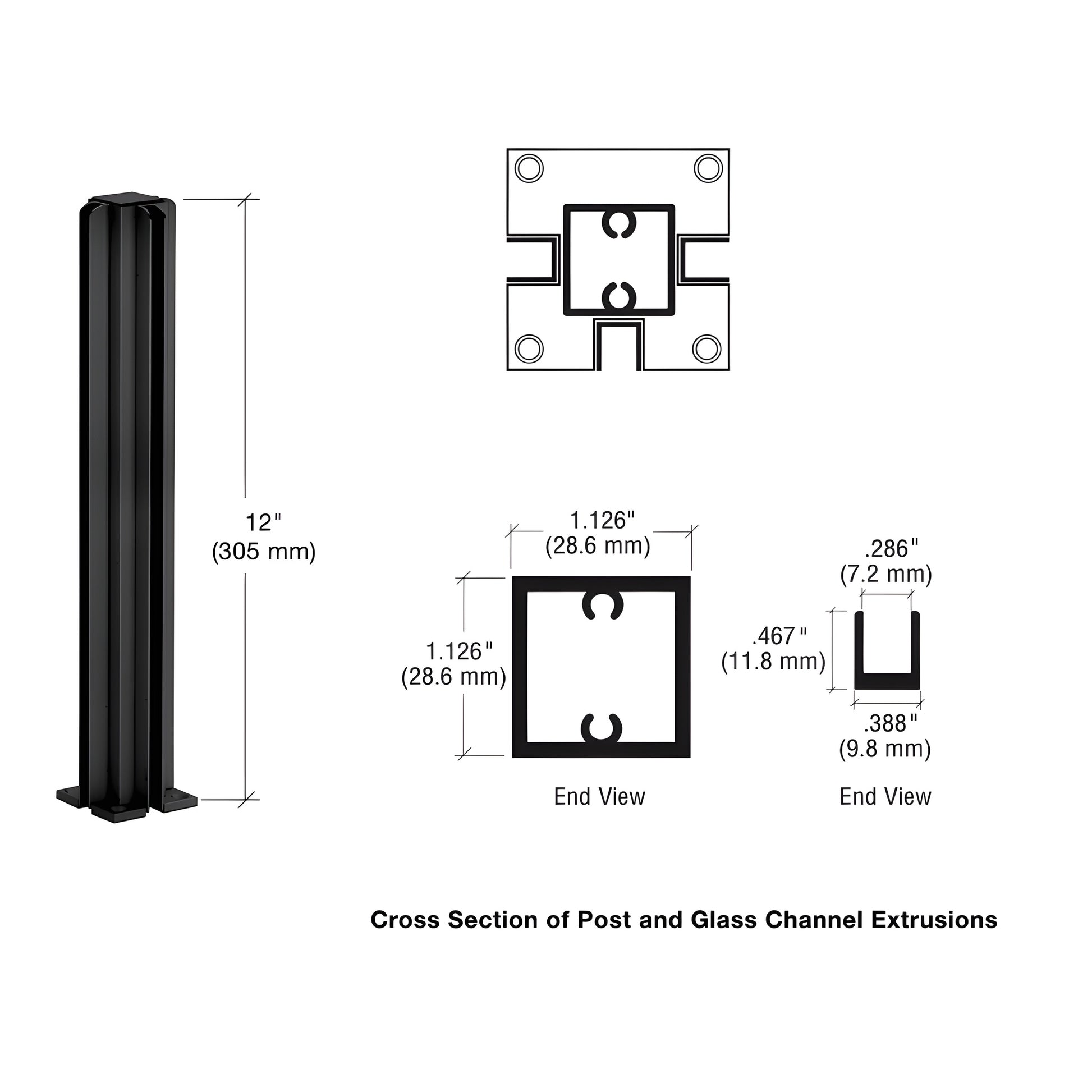Semi-gloss black 12in aluminum 3-way square partition post with full-length glazing channels (SKU D990BL123W)