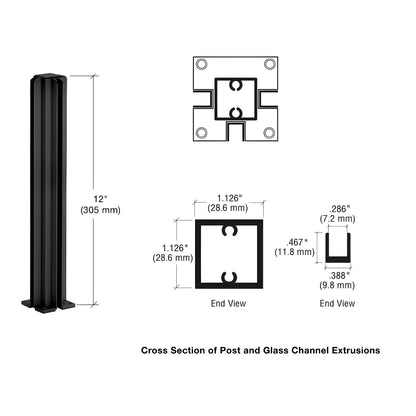 Semi-gloss black 12in aluminum 3-way square partition post with full-length glazing channels (SKU D990BL123W)