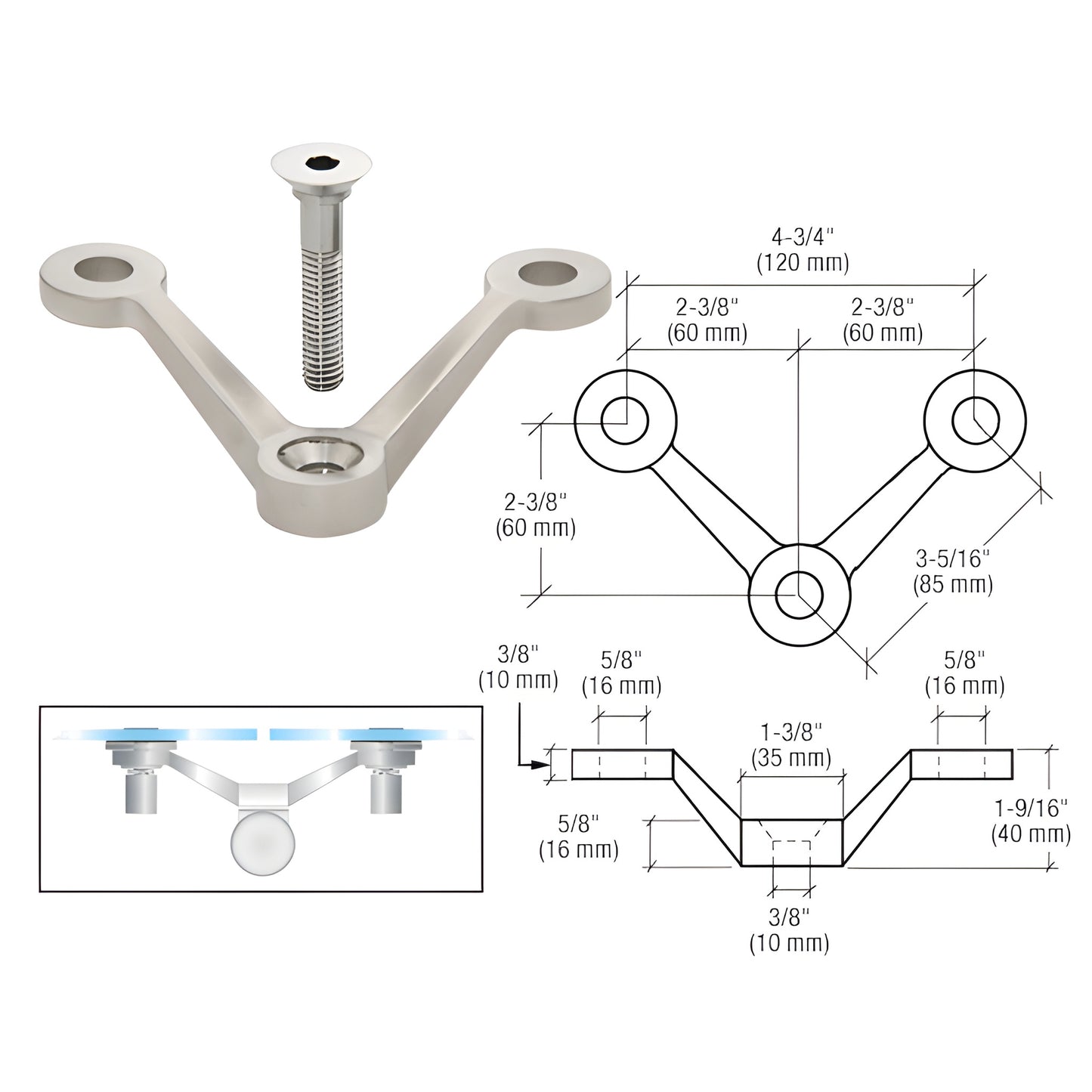 CRL GRP2VBS stainless steel V-shaped post mount fitting with 3/8"-16 stud for frameless tempered glass panels