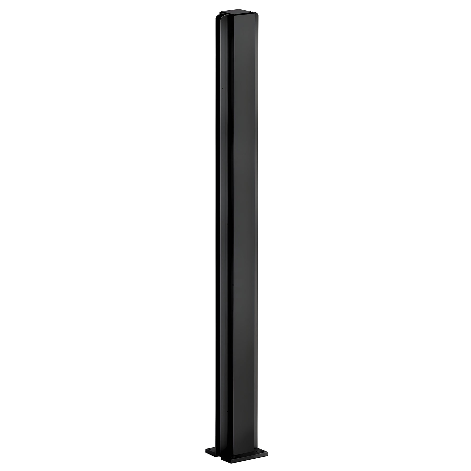 Matte black aluminum 30" center partition post (D990MBL30C), 1-1/8" square tube with 2" base and glazing channel.