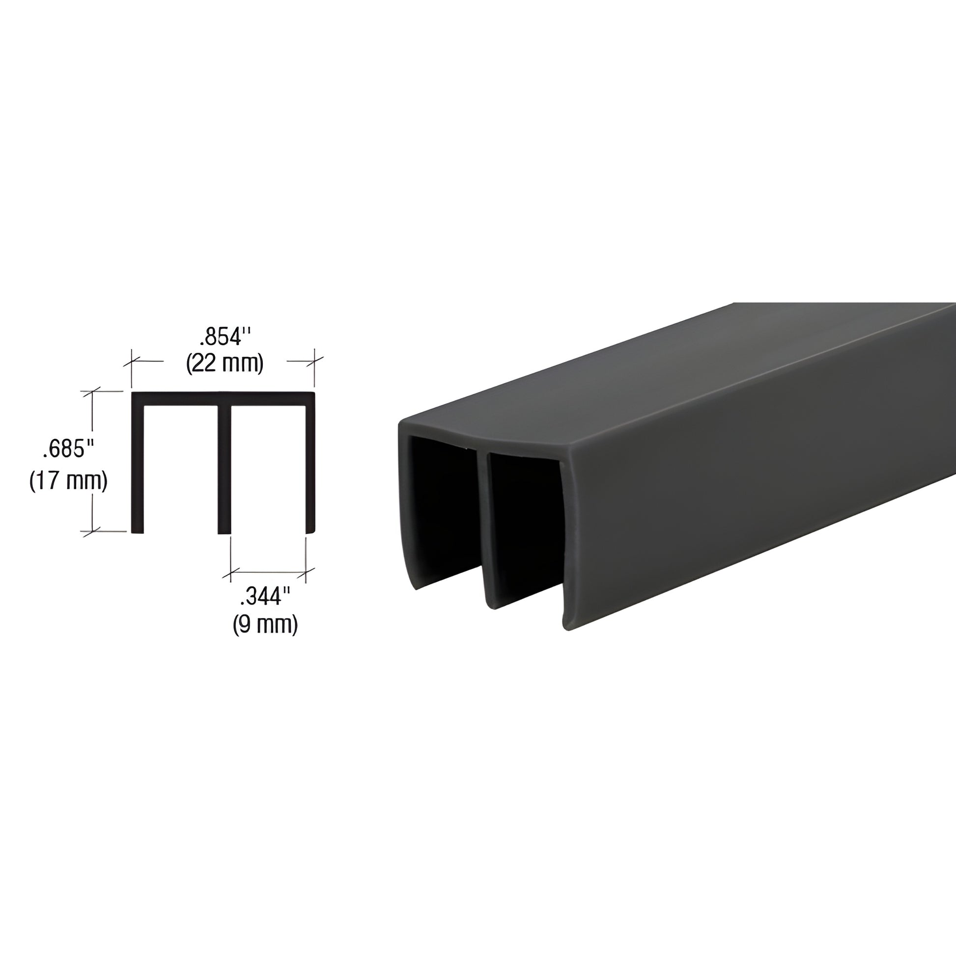 D712BL black PVC upper sliding track for 1/4" (6mm) panels - dual-channel profile, close-up view, 144" stock length