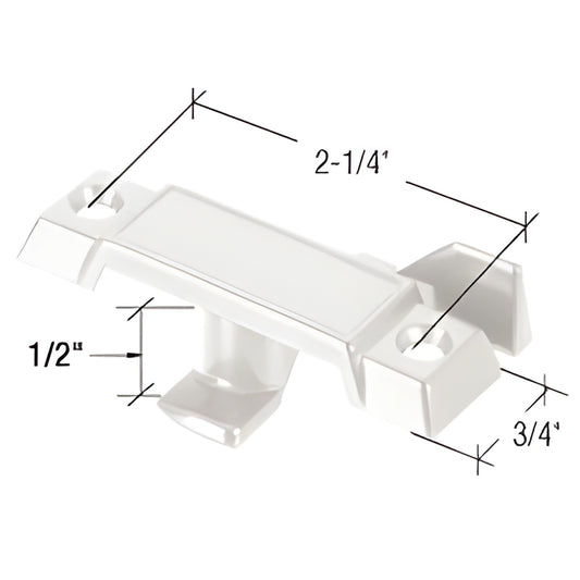 White CRL window sash lock SKU F2756 for Acorn windows, 1/2" latch drop, 2-1/4" hole spacing.