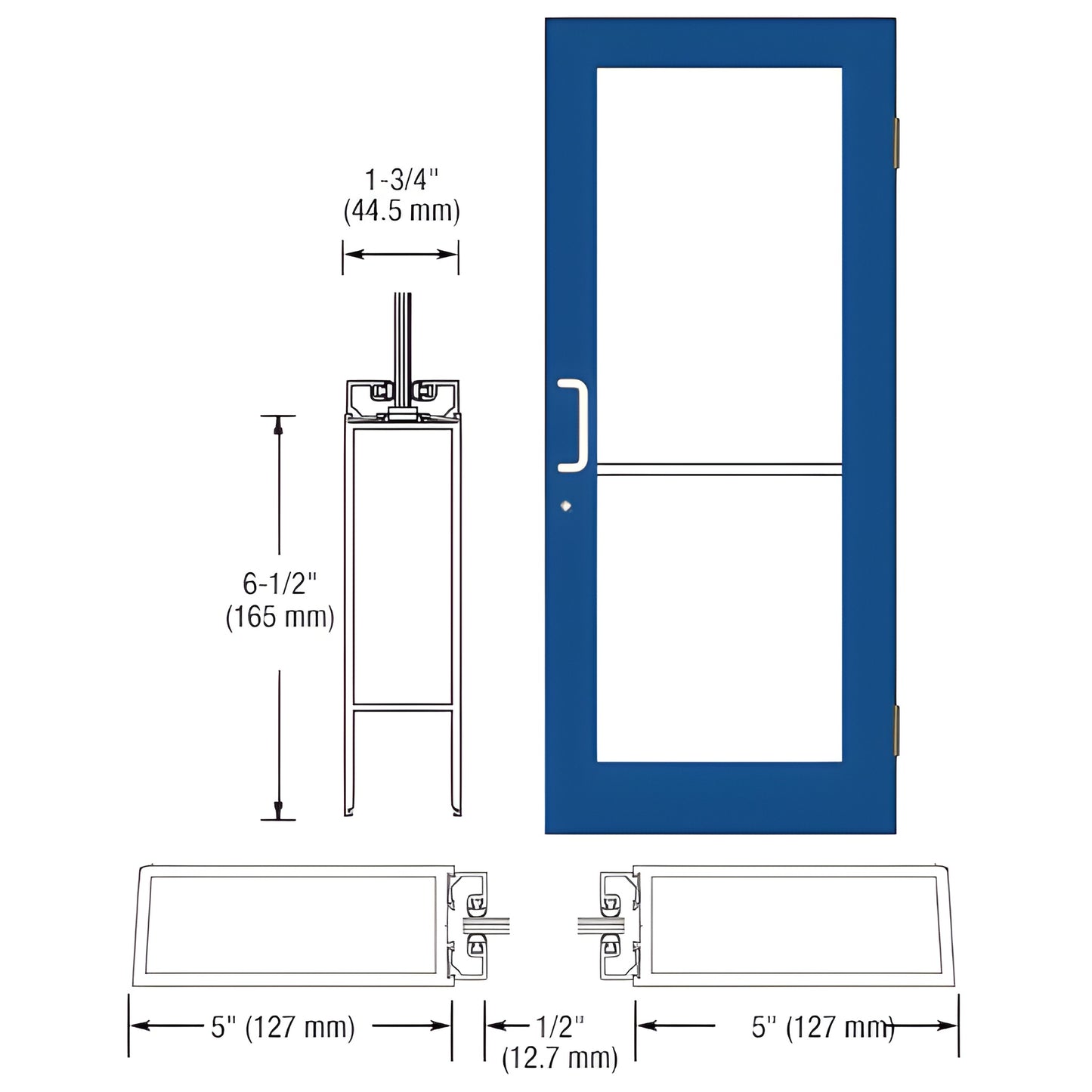 DC51571 blue wide stile commercial entrance door with glass, 51 2 in stiles, 7 in bottom rail, push/pull handle