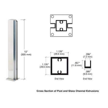 12" bright anodized aluminum square partition post with U-channel glazing for 1/4" glass, attached cap and base.