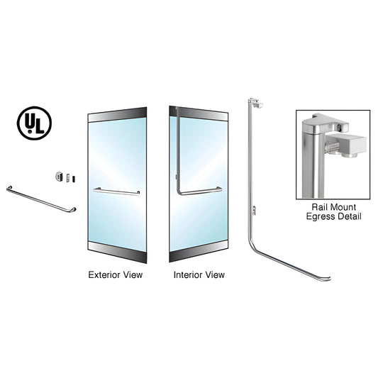 Brushed stainless steel EG100 electronic egress rail-mount handle for 1/2-3/4" glass doors (SKU EG100A4RKBS)