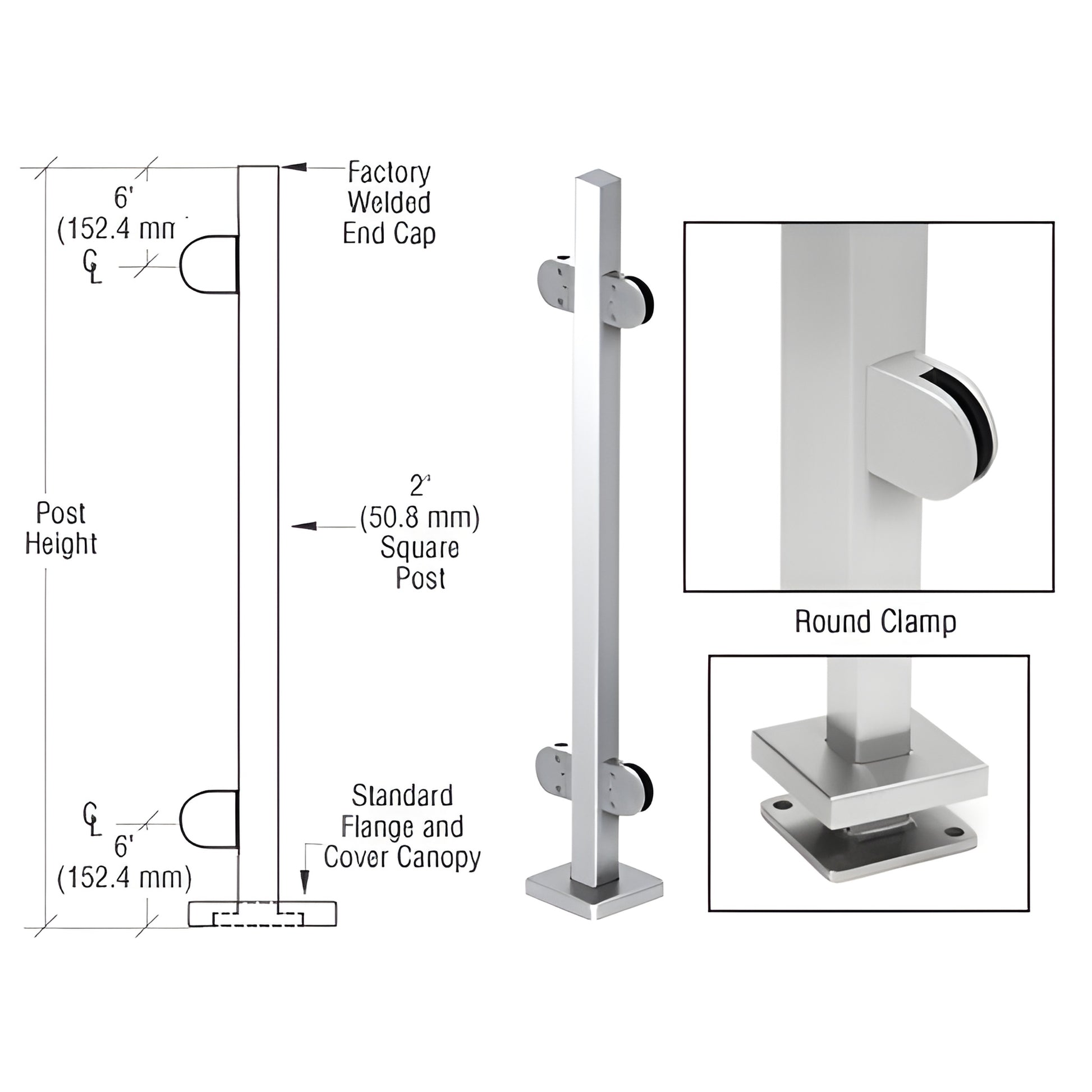 SPR42CPS stainless steel 2" square glass-clamp post kit with Z-clamps, welded top cap and 5" base plate cover.