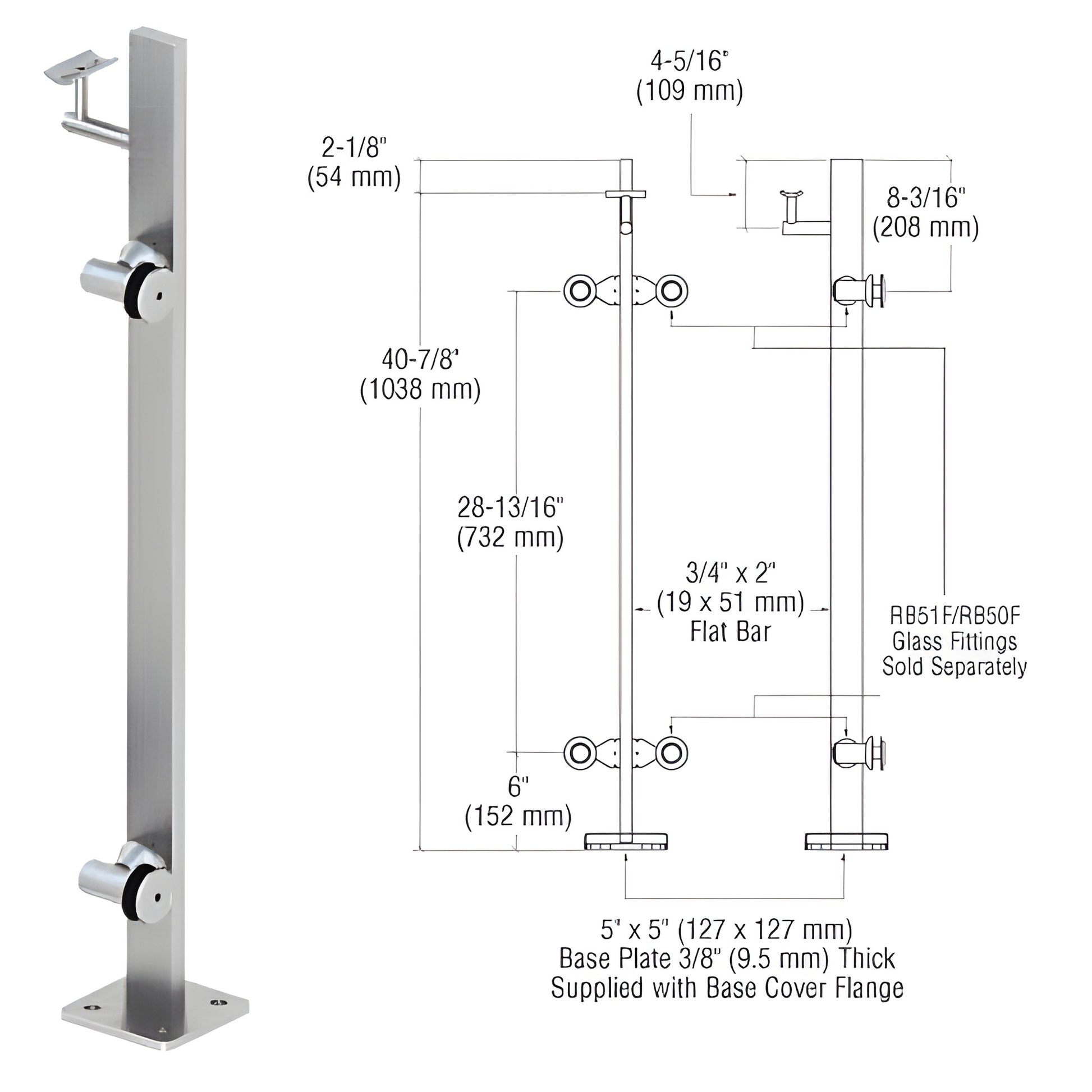 Stainless steel surface-mounted glass railing post with 5x5 base plate, P342REBS