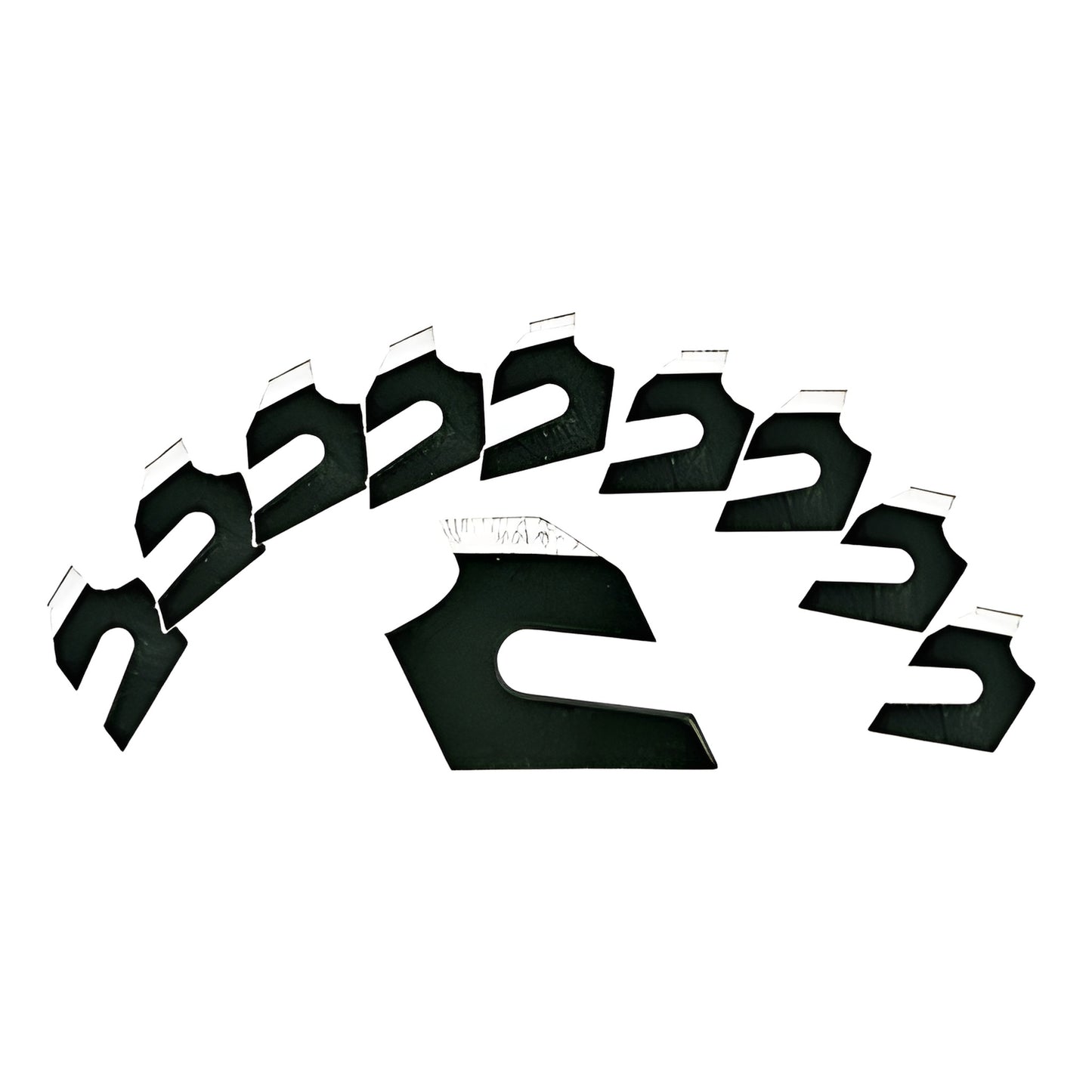 Fletcher APB12 heavy-duty plastic cutter blades set - 10 black replaceable blades arranged fan with one long blade.