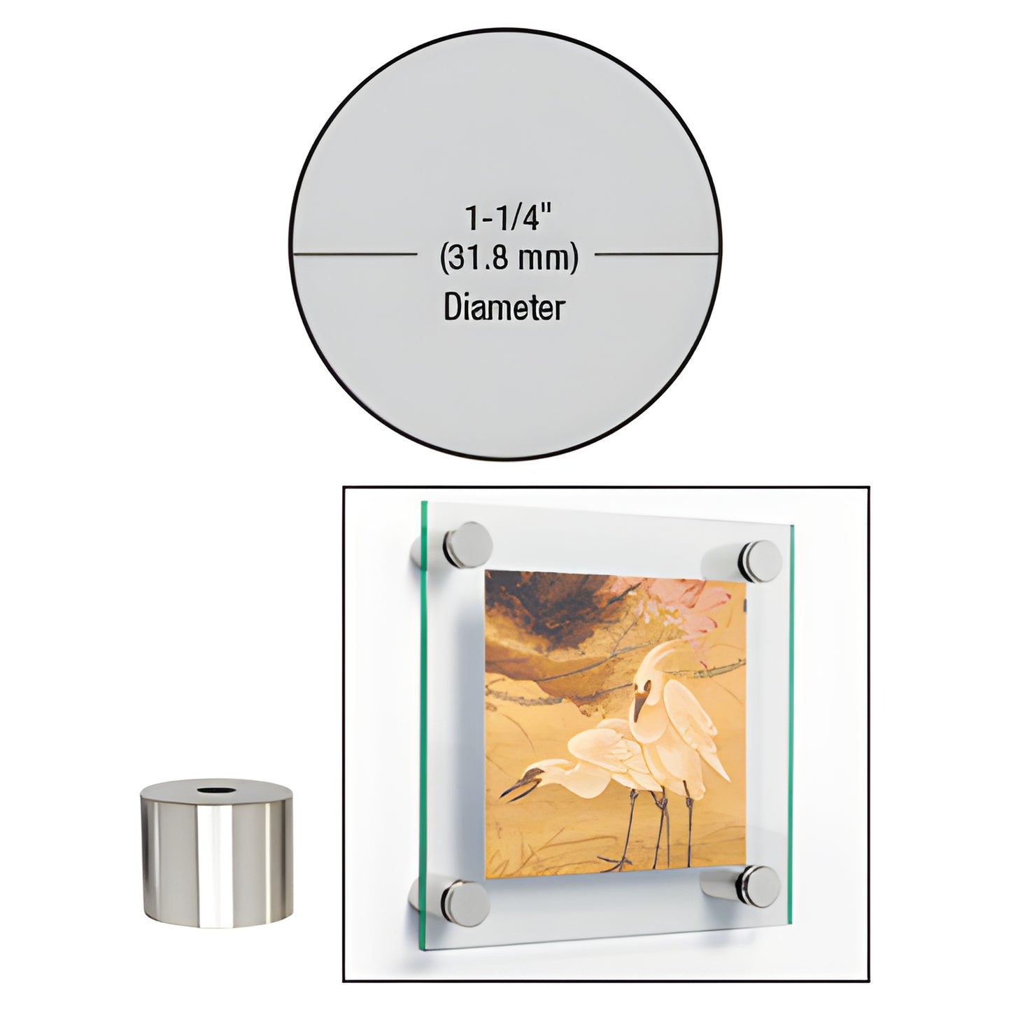 Polished chrome 1-1/4" brass standoff mount (SKU S0B1141CH) for glass panels, 1" length