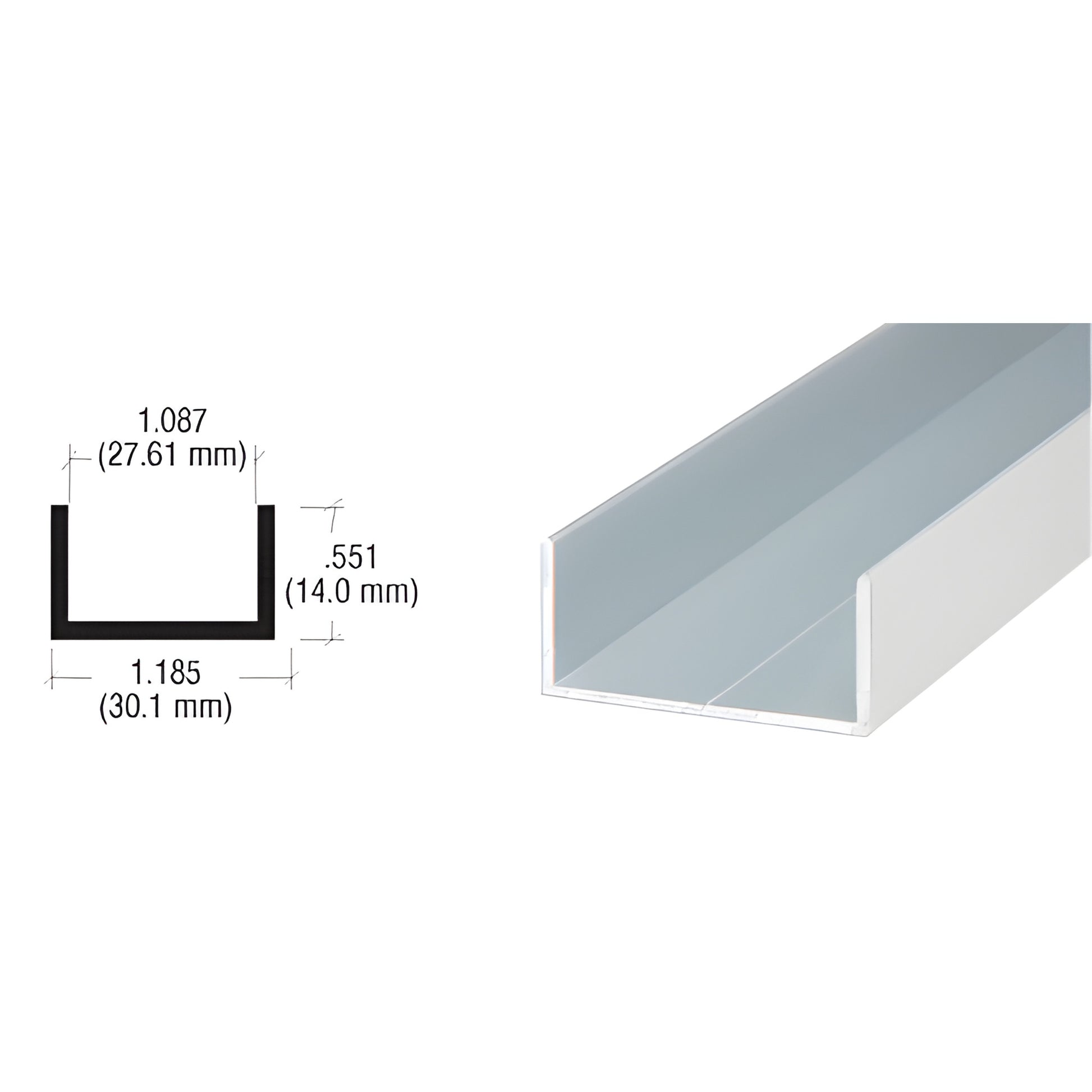 D600A satin anodized aluminum U-channel, 1-1/16" (28mm) wide x 0.551" (14mm) deep, 12 ft extruded sliding door track.