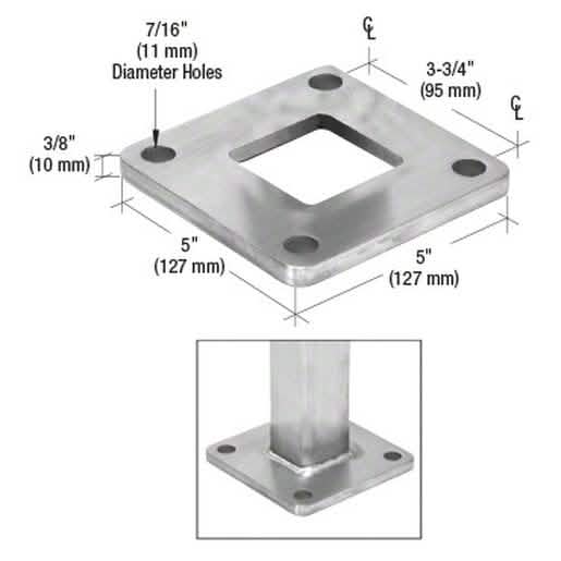 CRL Stainless Base Flange for 2" OD Square Pipe Rail - Durable, Sleek Design