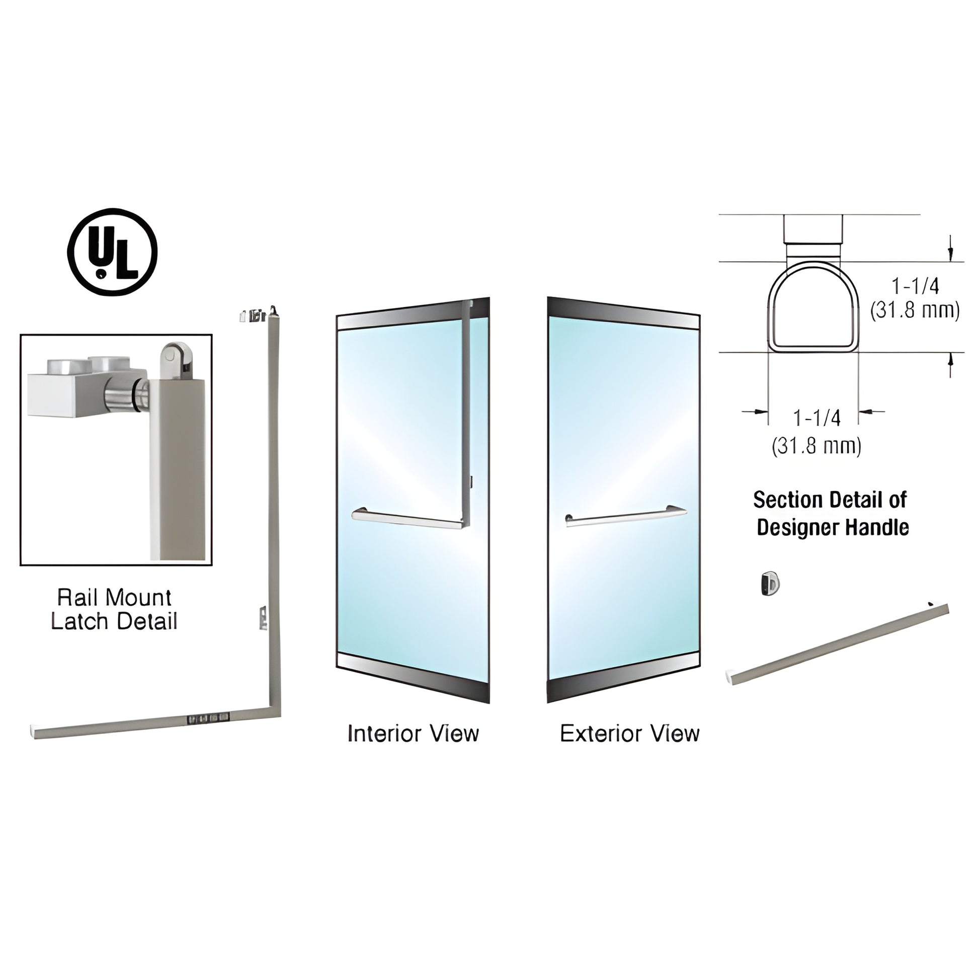 Brushed stainless tubular panic handle (PA100) for 1/2" glass doors, rail-mount, 1-1/4" dia - SKU DPA100A3RKBS