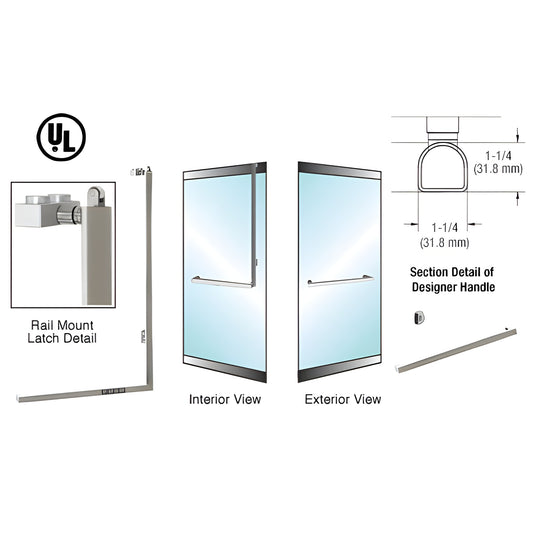 Brushed stainless tubular panic handle (PA100) for 1/2" glass doors, rail-mount, 1-1/4" dia - SKU DPA100A3RKBS