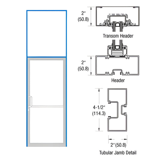 FR91571 aluminum storefront frame with transom for 36x84 door, tubular 2" x 4-1/2" jambs, custom Kynar finish
