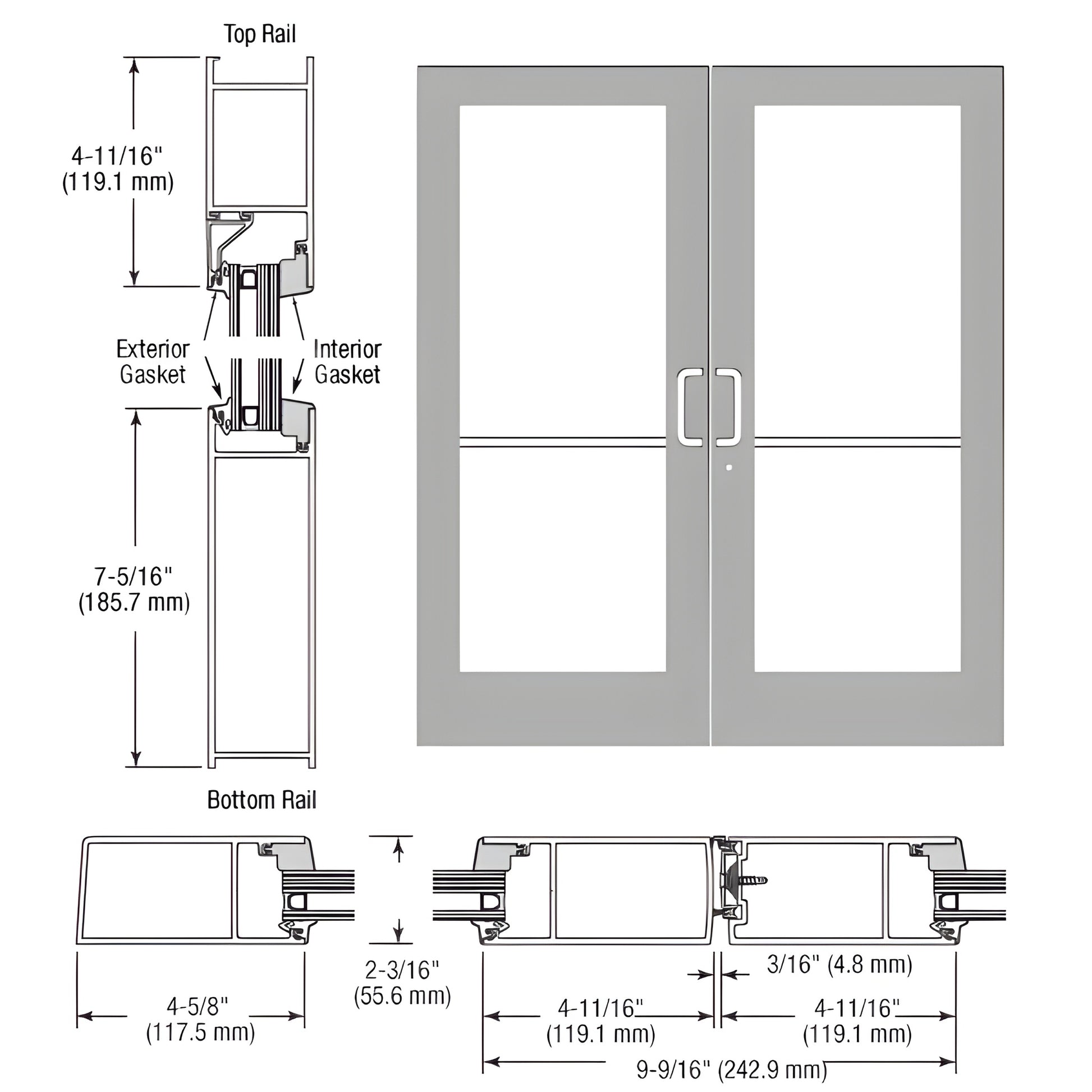SF62811 medium-stile clear anodized double glass entrance pair, hurricane-impact prep with push/pull, deadbolt, gear hinge.