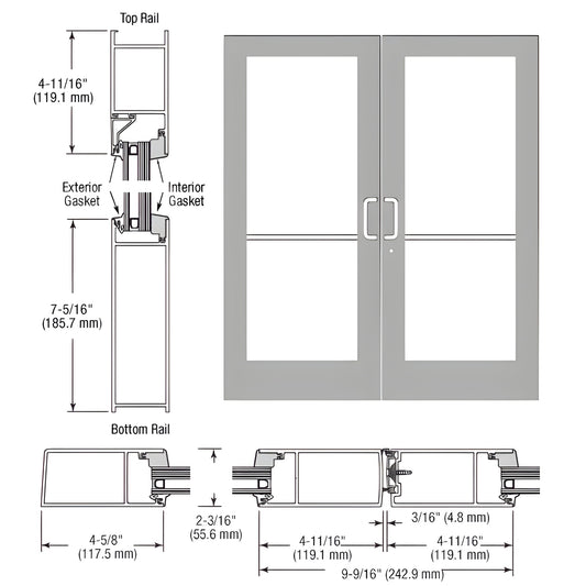 SF62811 medium-stile clear anodized double glass entrance pair, hurricane-impact prep with push/pull, deadbolt, gear hinge.