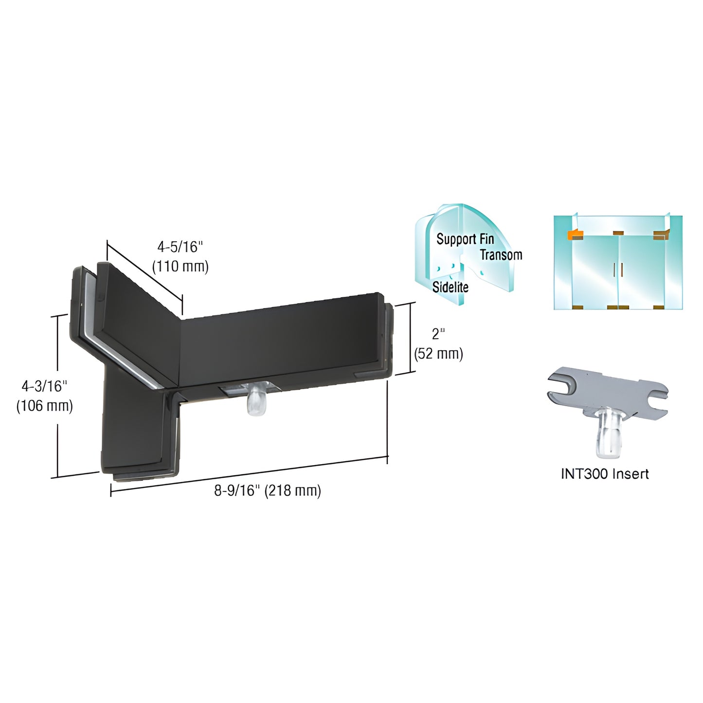 PH41RMBL matte black left-hand sidelite transom patch with INT300 insert, for 3/8-1/2" glass, shown with dimensions