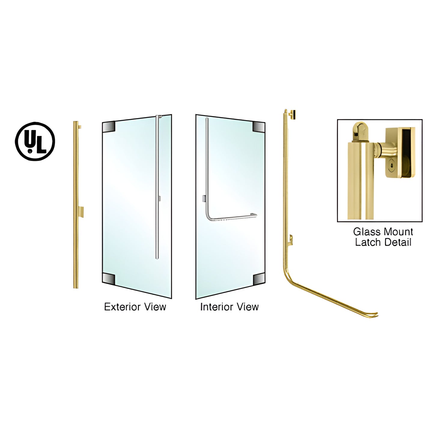 Satin brass tubular panic handle for all-glass doors, ADA-compliant, fits 1/2" or 3/4" tempered glass.