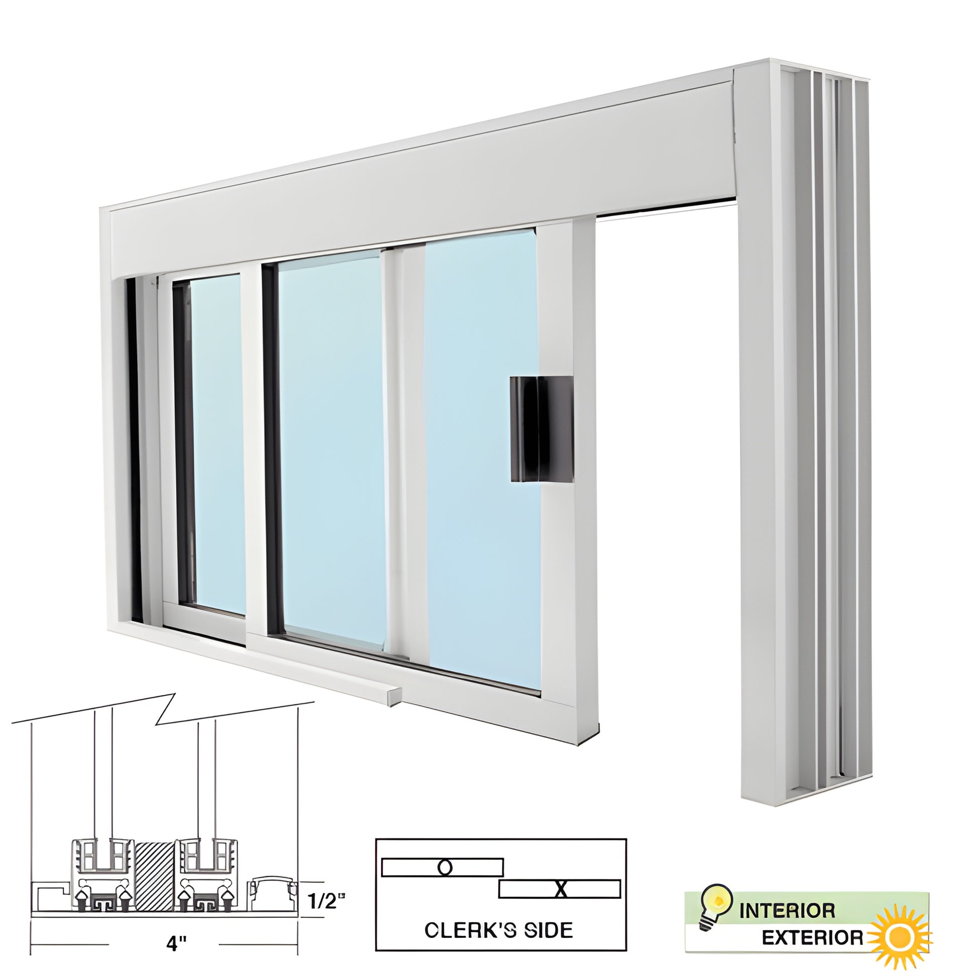 Deluxe service window DW48360XGA - satin-anodized aluminum, sliding 1/4" tempered glass, self-latching handle, fits 48x36.