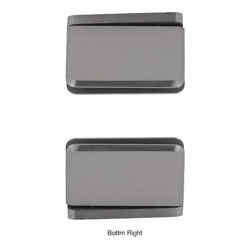 Close-up of CRL Brushed Nickel Prima 01 Series Hinge, Pin Top Left/Bottom Right Mount.