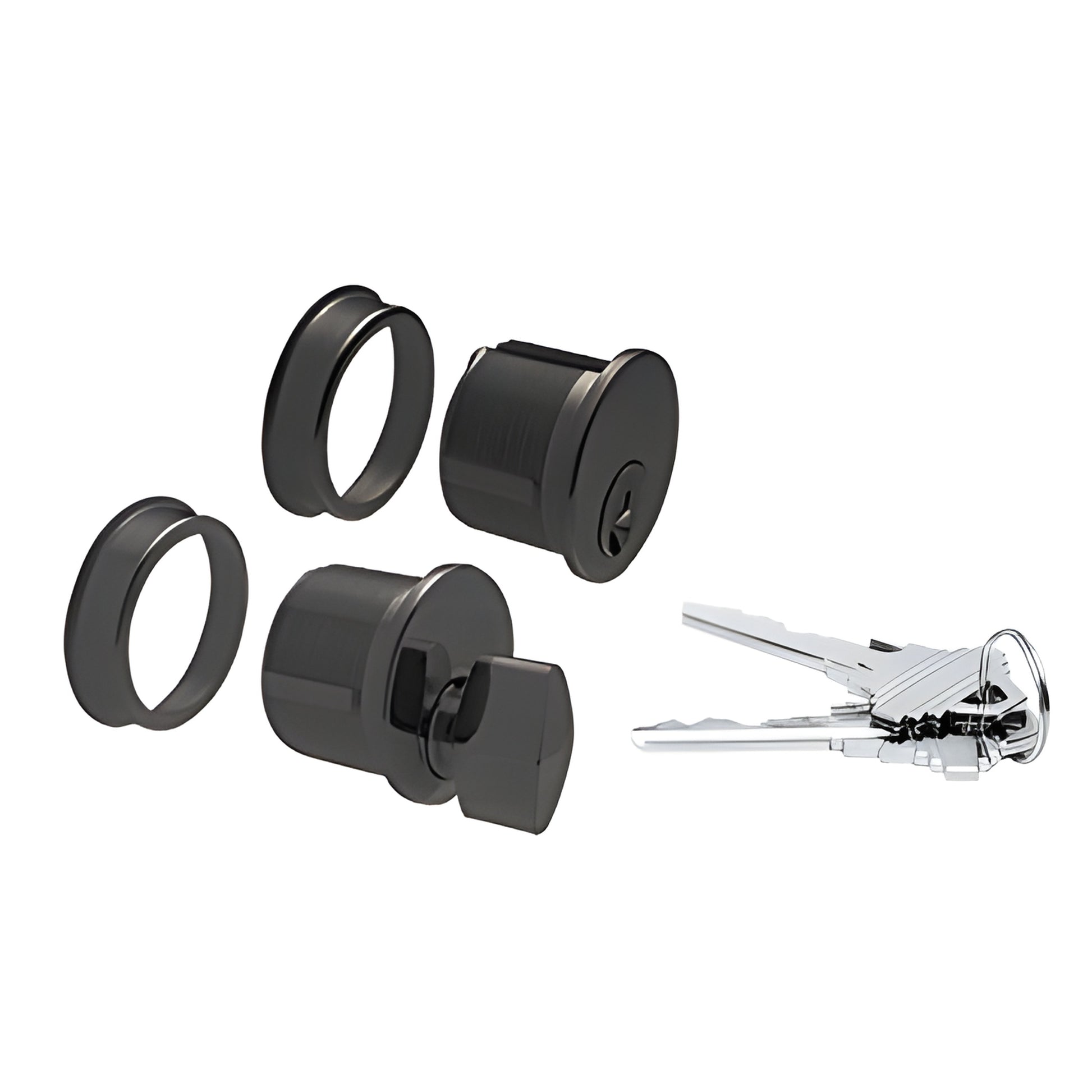Matte black brass bottom-rail lock cylinder set with thumbturn, two trim rings and three keys - DRA1020MBL