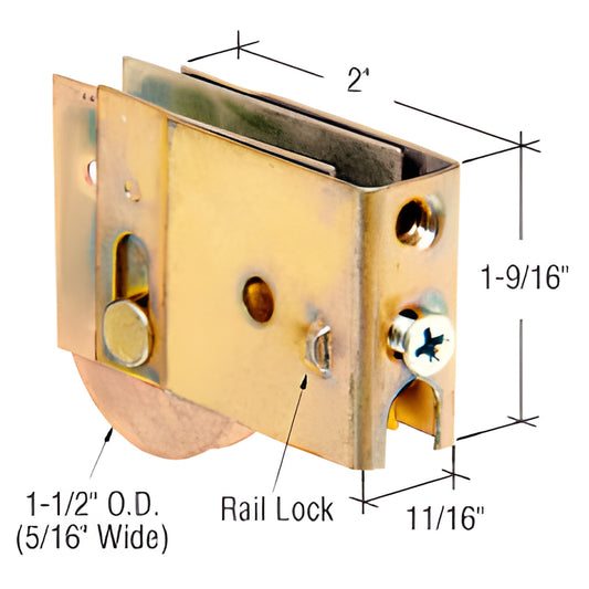 D1830 adjustable steel sliding glass door roller assembly, single concave 1-1/2" wheel, 2" housing, 1-9/16" high, rail lock