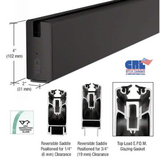 CRL Black Powder Coat 4" x 120" Square Sidelite Rail for sleek, modern glass installations